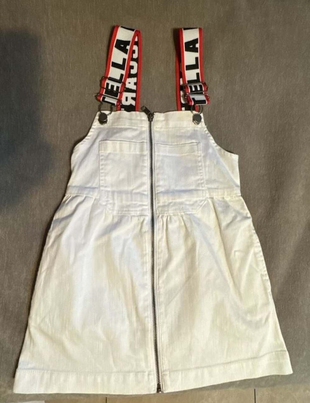 Stella McCartney Kids White Denim Logo Strap Zip Front Pinafore Dress